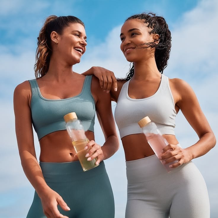 Duas amigas sorrindo juntas depois do treino, com garrafinhas de água